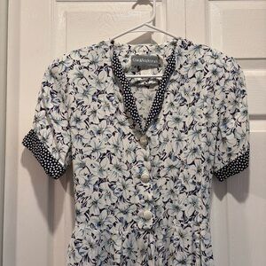 Vintage Carol Anderson White & Blue Floral and Polka Dot Midi Length Dress - 6